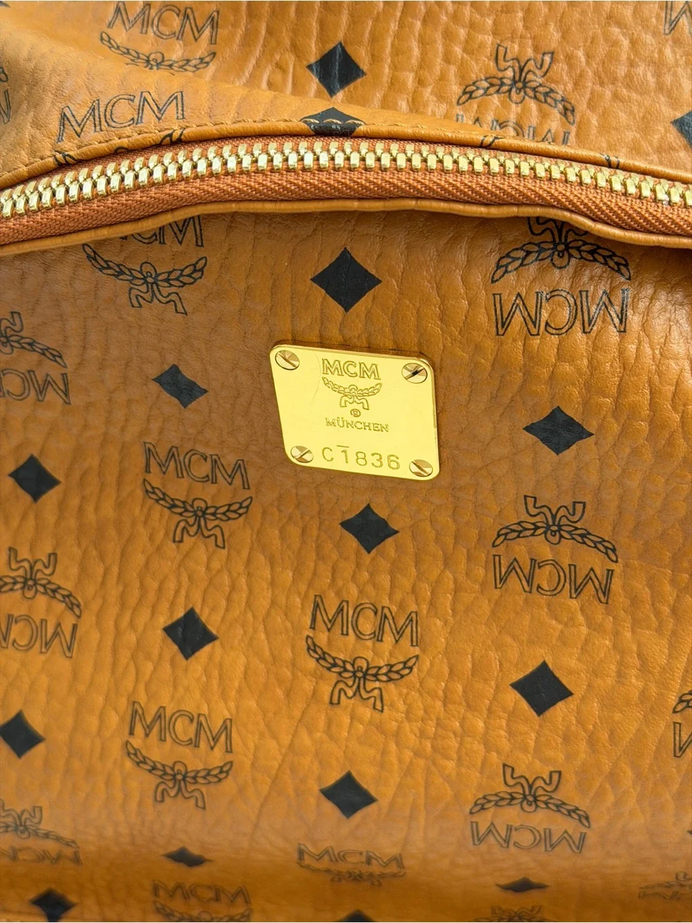 MCM 100% Authentic Stark Side Studs Backpack In Visetos Size Medium Cognac Color